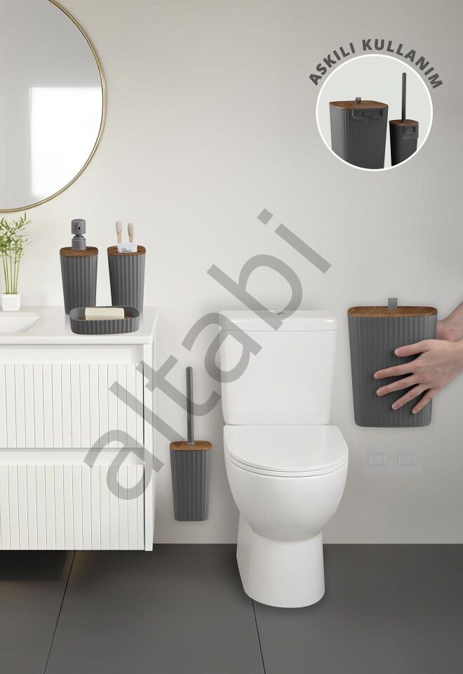 Safir Antrasit Ahşap Desenli Çizgili Banyo Seti 5 Parça Plastik