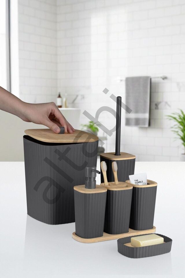 Safir Antrasit Bambulu Çizgili Banyo Seti 6 Parça Plastik