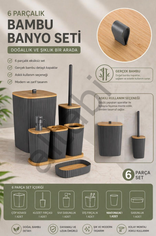 Safir Antrasit Bambulu Çizgili Banyo Seti 6 Parça Plastik