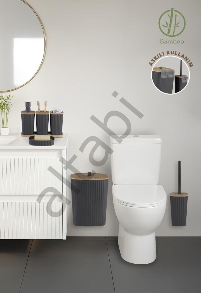 Safir Antrasit Bambulu Çizgili Banyo Seti 6 Parça Plastik