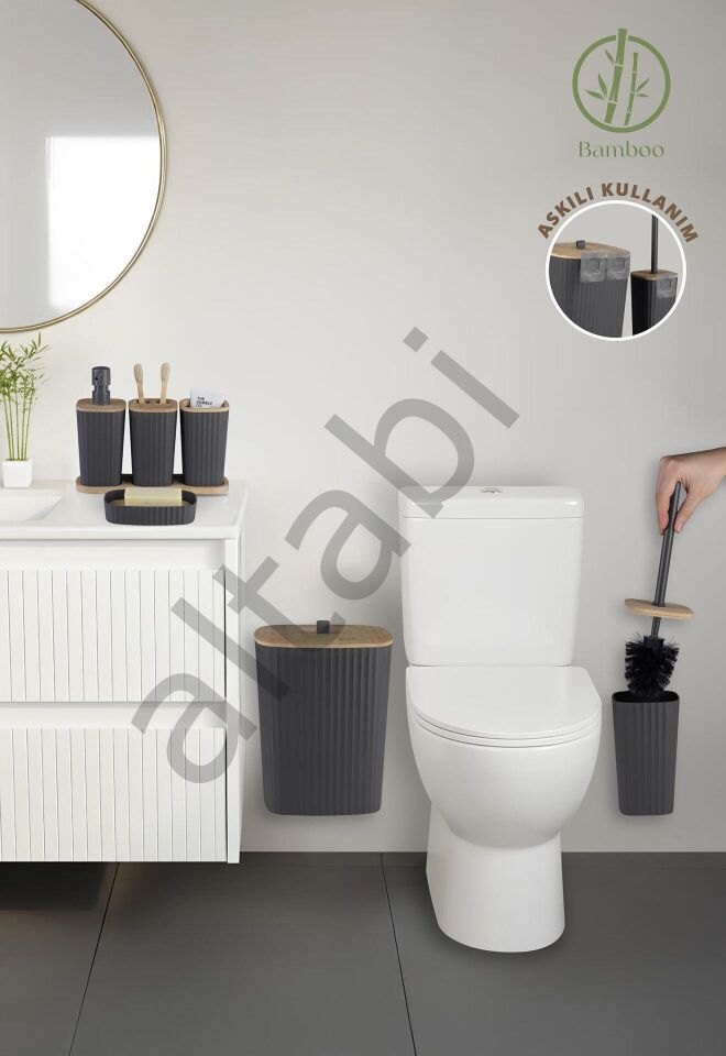 Safir Antrasit Bambulu Çizgili Banyo Seti 6 Parça Plastik
