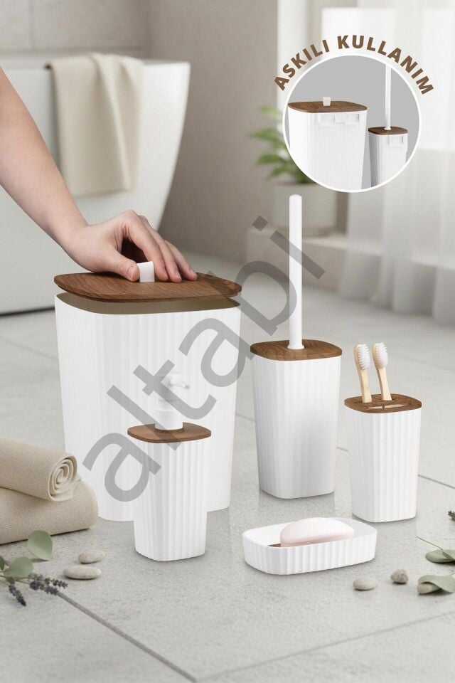 Safir Beyaz Ahşap Desenli Çizgili Banyo Seti 5 Parça Plastik