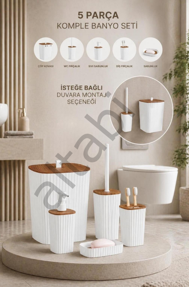 Safir Beyaz Ahşap Desenli Çizgili Banyo Seti 5 Parça Plastik
