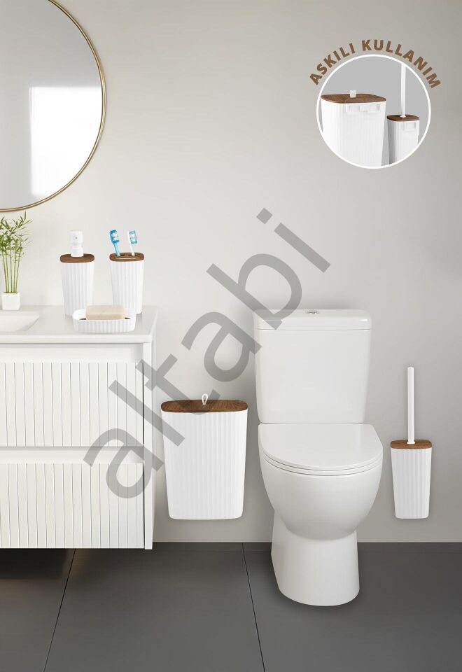 Safir Beyaz Ahşap Desenli Çizgili Banyo Seti 5 Parça Plastik