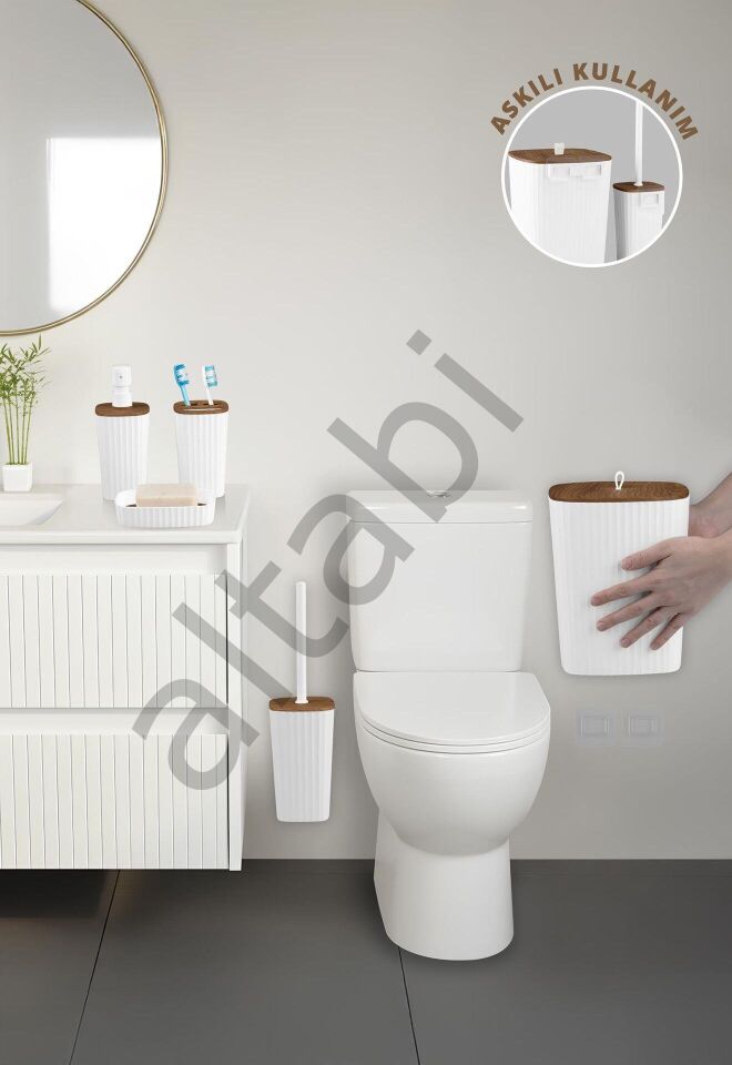Safir Beyaz Ahşap Desenli Çizgili Banyo Seti 5 Parça Plastik