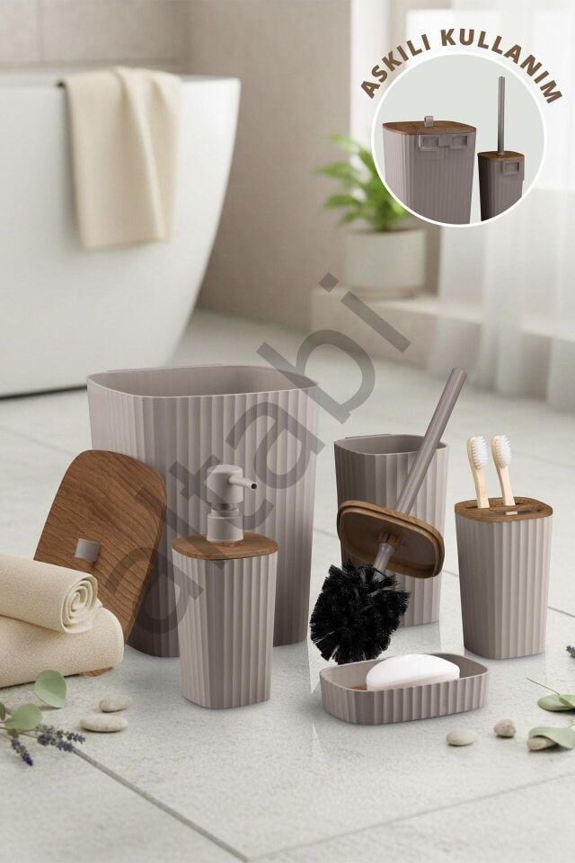 Safir Vizon Ahşap Desenli Çizgili Banyo Seti 5 Parça Plastik