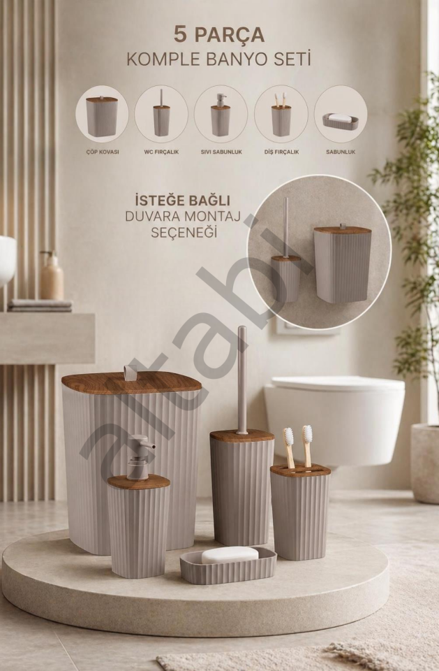 Safir Vizon Ahşap Desenli Çizgili Banyo Seti 5 Parça Plastik