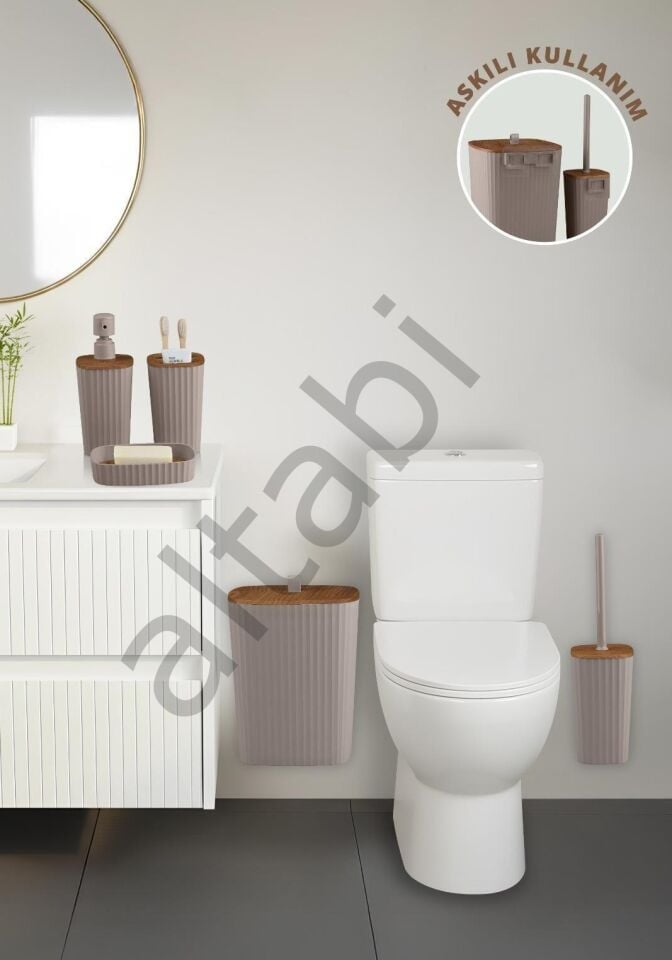 Safir Vizon Ahşap Desenli Çizgili Banyo Seti 5 Parça Plastik