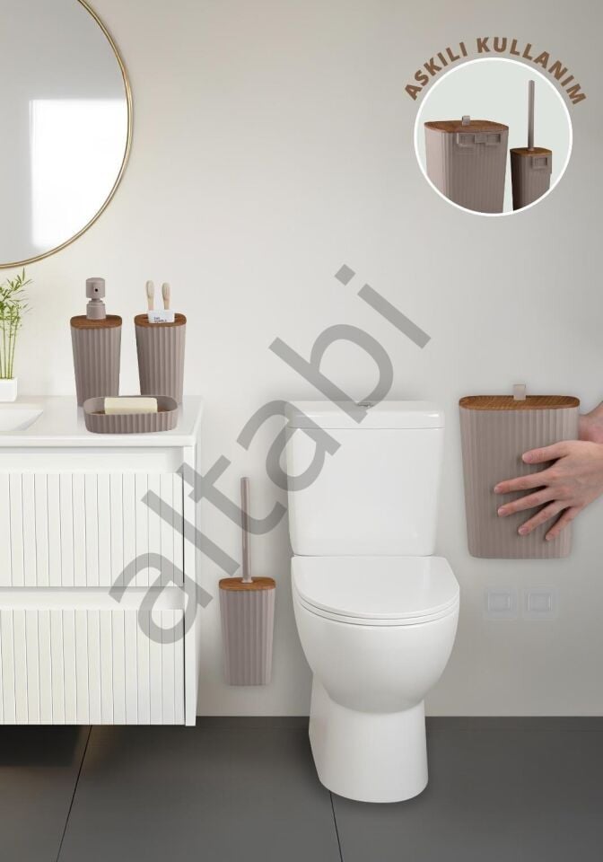 Safir Vizon Ahşap Desenli Çizgili Banyo Seti 5 Parça Plastik