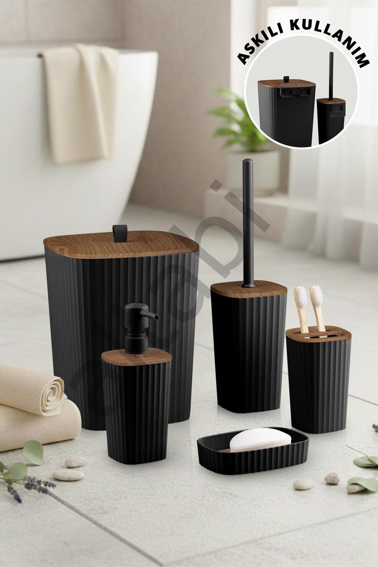 Safir Siyah Ahşap Desenli Çizgili Banyo Seti 5 Parça Plastik