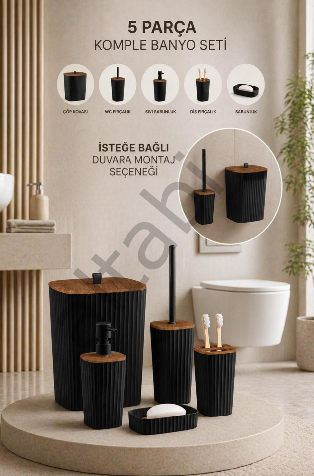 Safir Siyah Ahşap Desenli Çizgili Banyo Seti 5 Parça Plastik