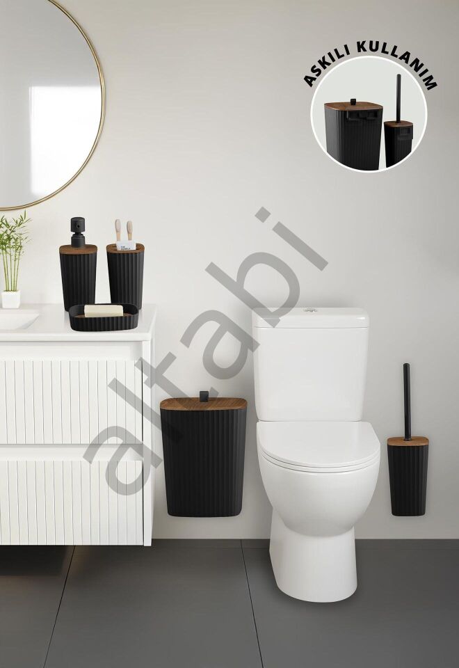 Safir Siyah Ahşap Desenli Çizgili Banyo Seti 5 Parça Plastik