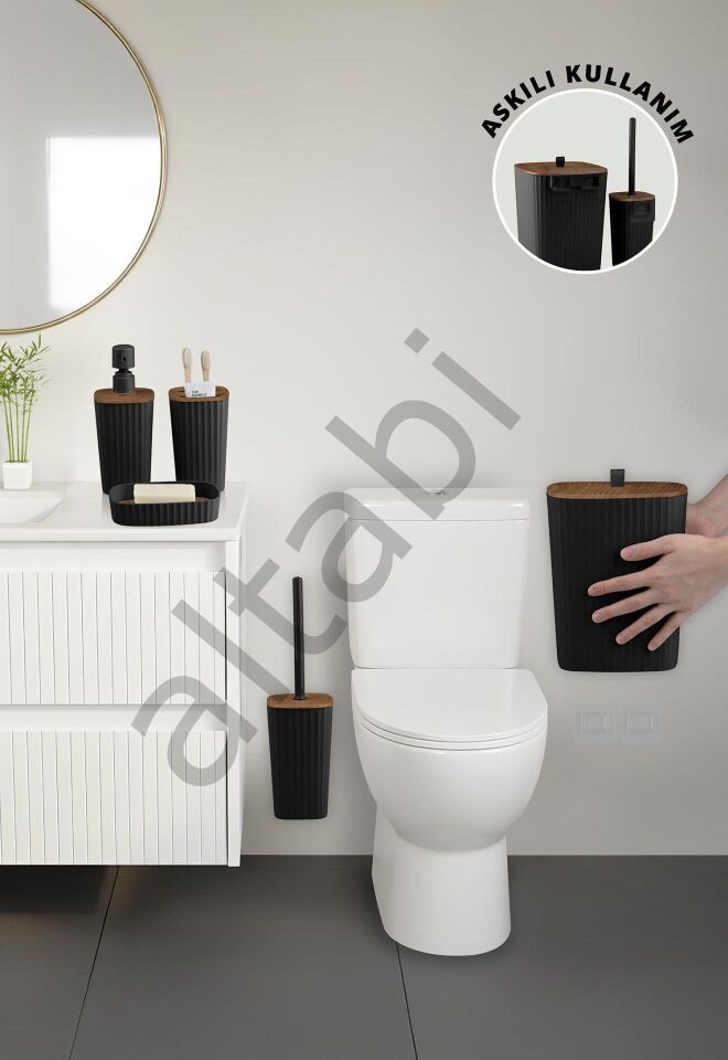 Safir Siyah Ahşap Desenli Çizgili Banyo Seti 5 Parça Plastik