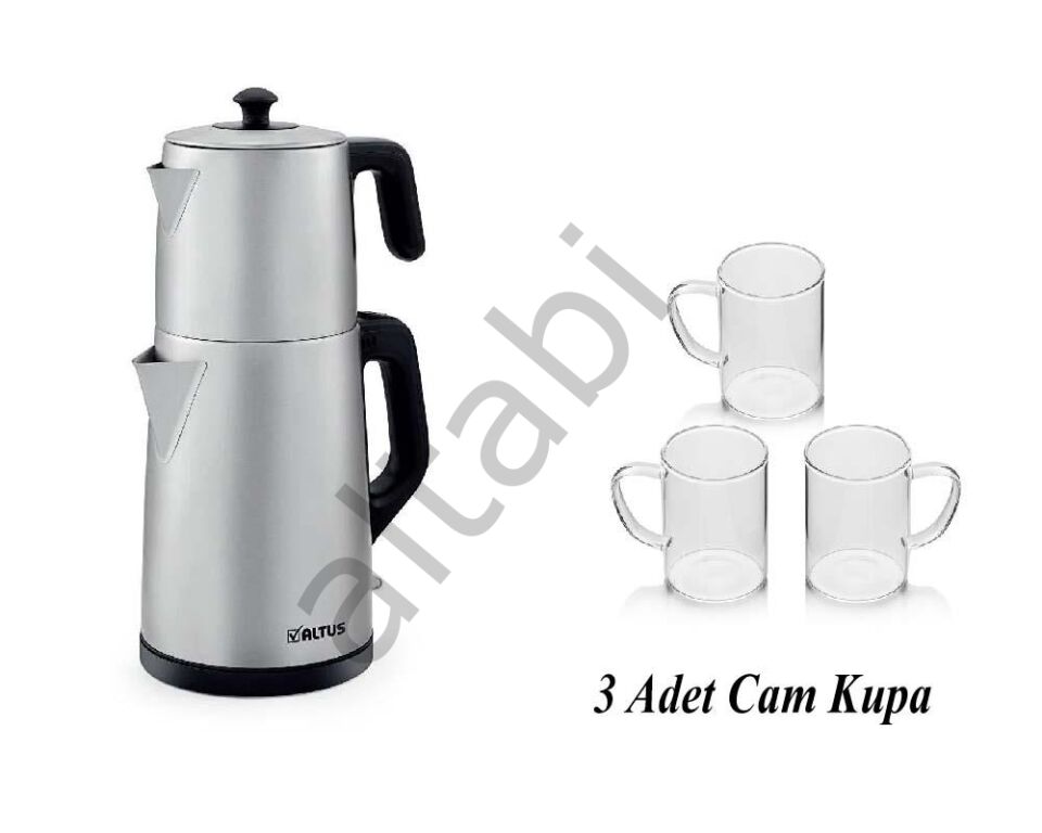 Altabi Altus Çay Makinesi İnox Gövde Çaycı 3 Adet İnce Cam Kupa