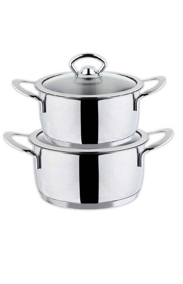 Oms Cam Kapaklı Mini Çelik Tencere Seti 12 ve 14 CM