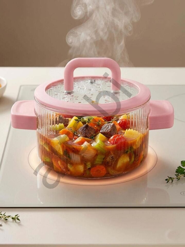 Premium Borosilikat Cam Pişirme Tenceresi 1,8 Litre Kapasite | Şeffaf Tasarım | Silikon Kulplu