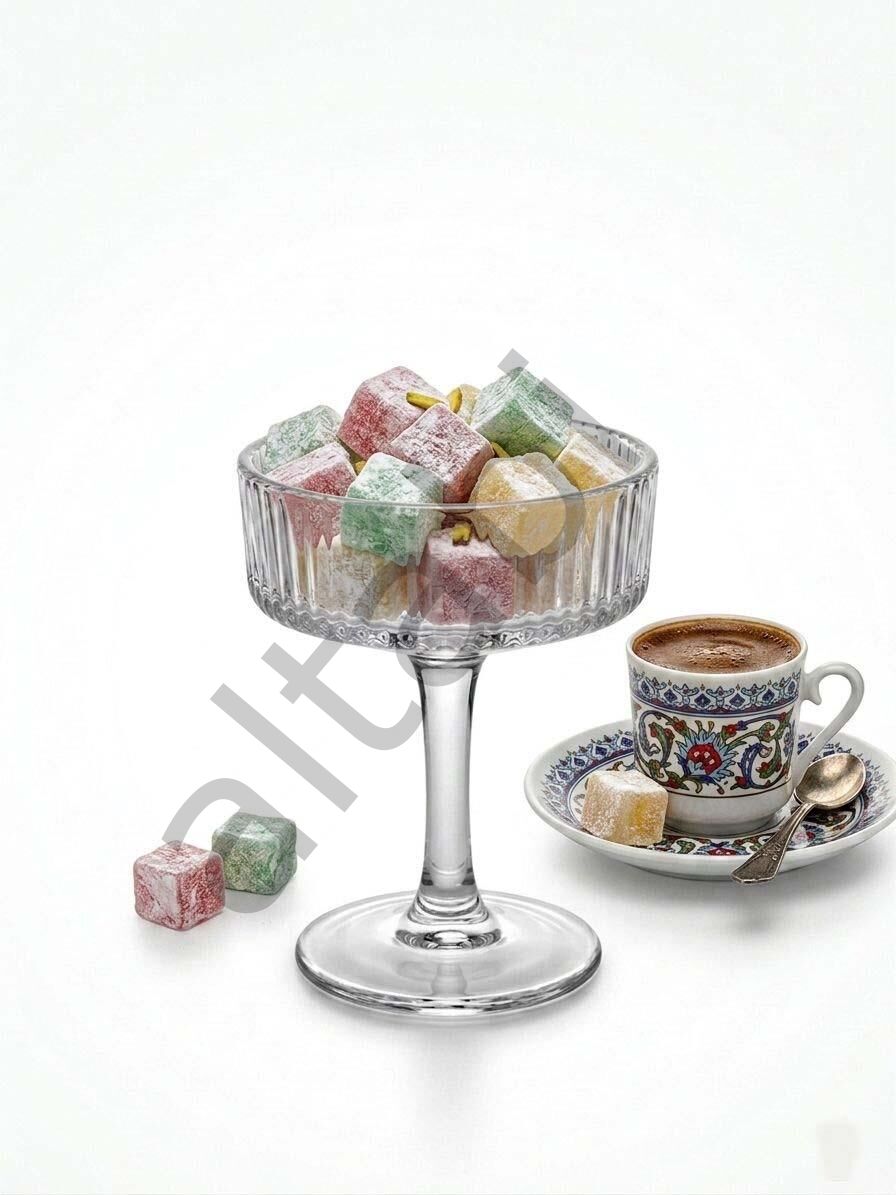 Açelya Mini Ayaklı 12 Parça Cam Kase Seti - Kahve Yanı Lokumluk ve Reçellik - 5.5 cm