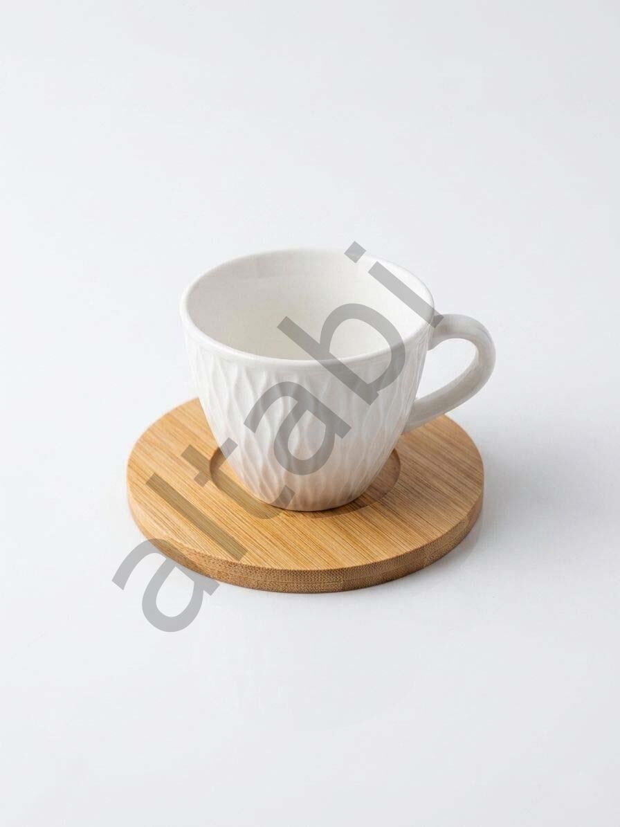 Bambu Tabaklı Porselen Kahve Takımı – 6 Kişilik