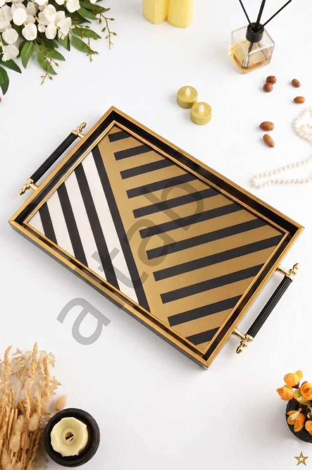 Dijital Baskılı Cam Servis Tepsisi – Modern Desenli, Metal Kulplu 46x28 cm