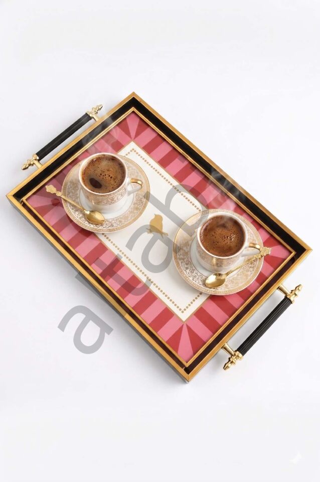Dijital Baskılı Cam Servis Tepsisi – Pembe Desenli, Metal Kulplu 46x28 cm