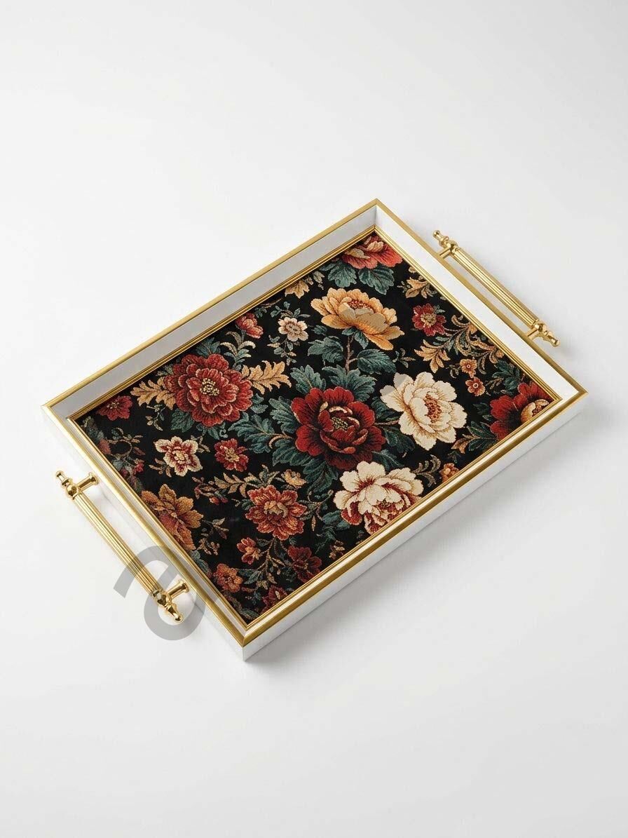 Dijital Baskılı Cam Servis Tepsisi – Efsun Motifli, Metal Kulplu 46x28 cm