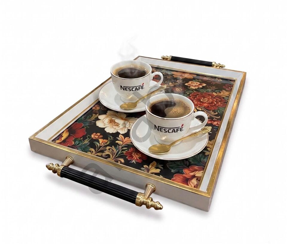 Dijital Baskılı Cam Servis Tepsisi – Efsun Motifli, Metal Kulplu 46x28 cm
