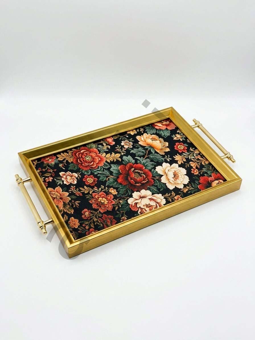 Dijital Baskılı Cam Servis Tepsisi – Efsun Motifli, Metal Kulplu 46x28 cm