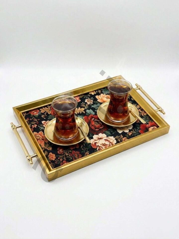 Dijital Baskılı Cam Servis Tepsisi – Efsun Motifli, Metal Kulplu 46x28 cm