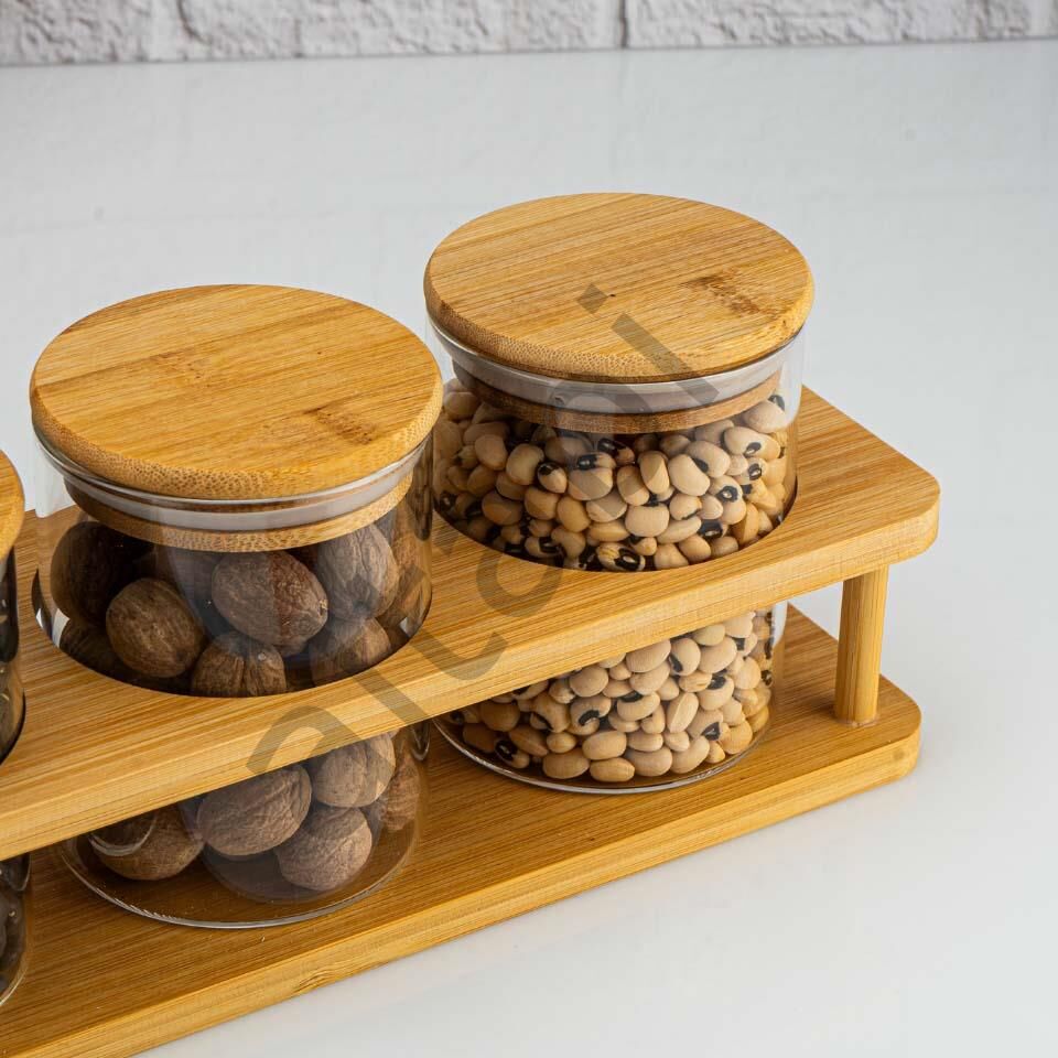 Cam Baharat Takımı Vakumlu Kapaklı Hava Almaz 3 lü Bambu Standlı 380 ML