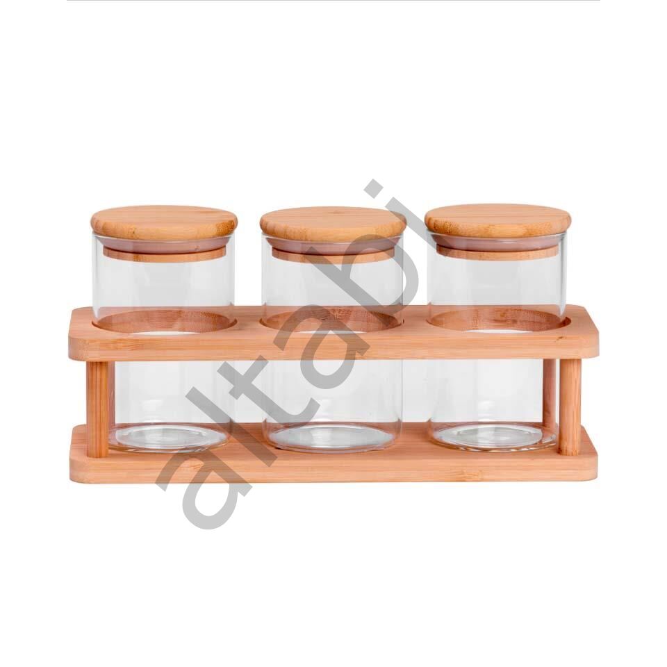 Cam Baharat Takımı Vakumlu Kapaklı Hava Almaz 3 lü Bambu Standlı 380 ML